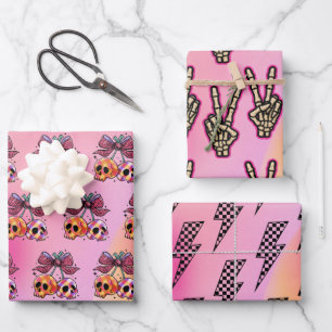 Rock'n'Roll Pink Skulls Skeletton Hand Halloween Geschenkpapier Set