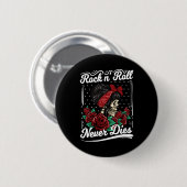 Rock'n'Roll stirbt Rockabilly Girl Skull-Rose nie Button (Vorne & Hinten)