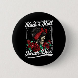 Rock'n'Roll stirbt Rockabilly Girl Skull-Rose nie Button