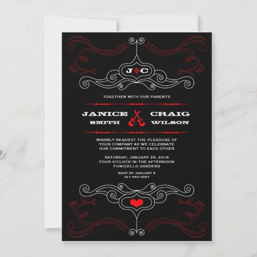 Rock'n'Roll Wedding Poster (schwarz / rot) Einladung (Vorderseite)