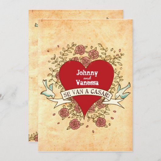 Rock'n'Roll Wedding (Rose) SPANISCH Einladung (Vorne/Hinten)