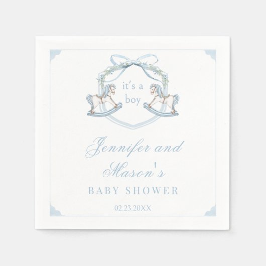 Rockpferd aus blauem Holz Wappen Babydusche Serviette (Vorderseite)