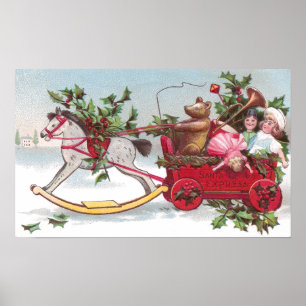 Rockpferd, Teddy und Wagon Weihnachten Poster