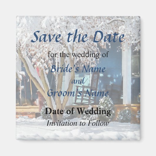 Rocksessel auf Veranda im Winter Save the Date Magnet (Vorne)