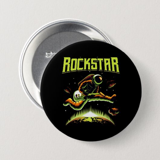 Rockstar-Astronaut spielt Gitarre im Space-Knopf Button (Vorne & Hinten)