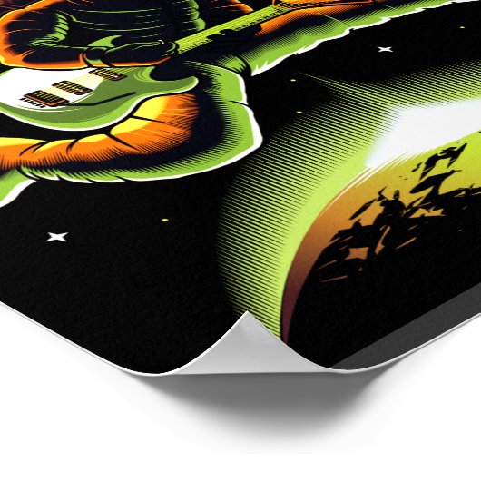 Rockstar-Astronautin spielt Gitarre im Weltraumpos Poster (Ecke)