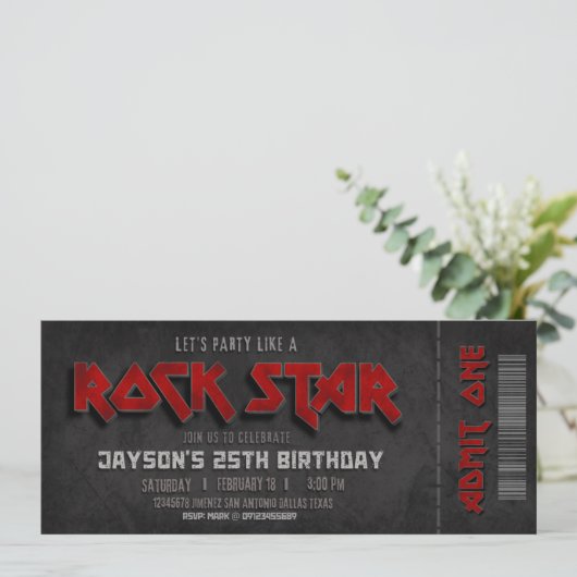 Rockstar Birthday Ticket Einladung (Stehend Vorderseite)