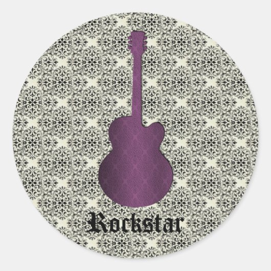 Rockstar Damask Gitarren-Aufkleber, Lila Runder Aufkleber (Vorderseite)