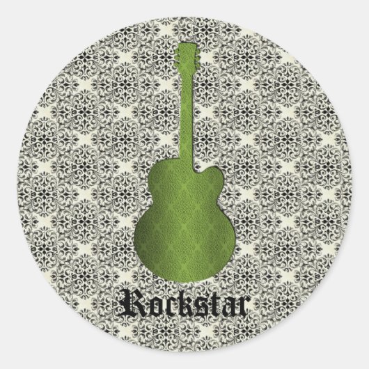 Rockstar Damask Gitarren-Aufkleber, Olive Green Runder Aufkleber (Vorderseite)