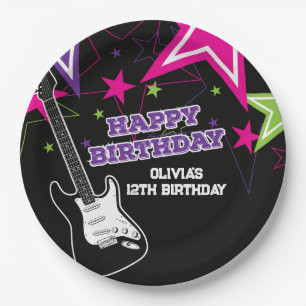 Rockstar-Geburtstags-Gitarren-Sterne Pink Lila Pap Pappteller