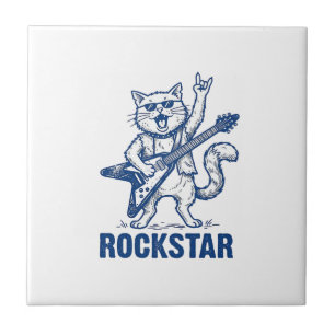Rockstar-Katze-Gitarre-Vintage-Stickerei-Shirt-Des Fliese