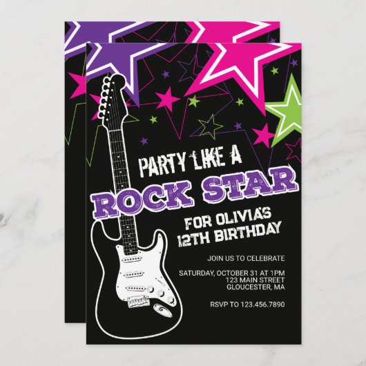 Rockstar Pink lila Gitarre Geburtstag Einladung (Vorne/Hinten)