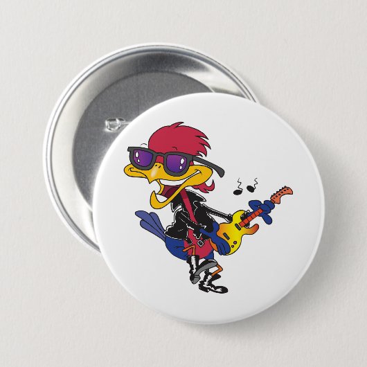 Rockstar Roadrunner Bird Playing Guitar Button (Vorne & Hinten)