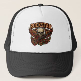 Rockstar Skull Guitar Wings – Bold Floral Embroide Truckerkappe