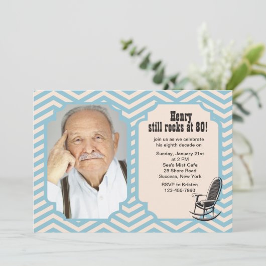 Rockstuhl Zickzack Foto Einladung (Stehend Vorderseite)