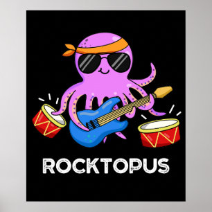Rocktopus Funny Rock Band Octopus Puck Dark BG Poster
