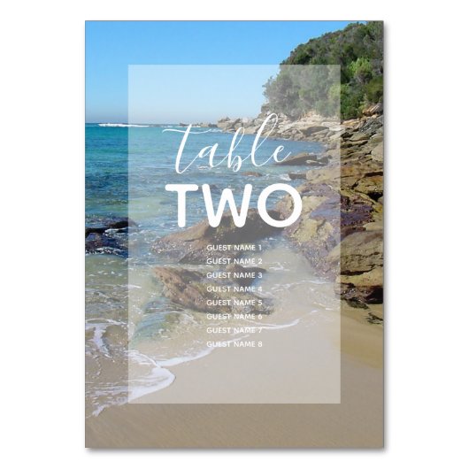 Rocky Beach Wedding Guest Names Tischnummer (Vorderseite)