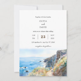 Rocky Cliff Trail Blue Ocean Waves Beach Wedding Einladung