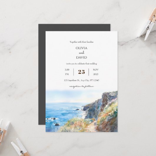Rocky Cliff Trail Blue Ocean Waves Beach Wedding Einladung (Vorderseite/Rückseite Beispiel)