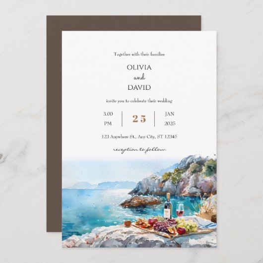Rocky Cove Türkis Waters picknicksen Strand Hochze Einladung (Vorne/Hinten)