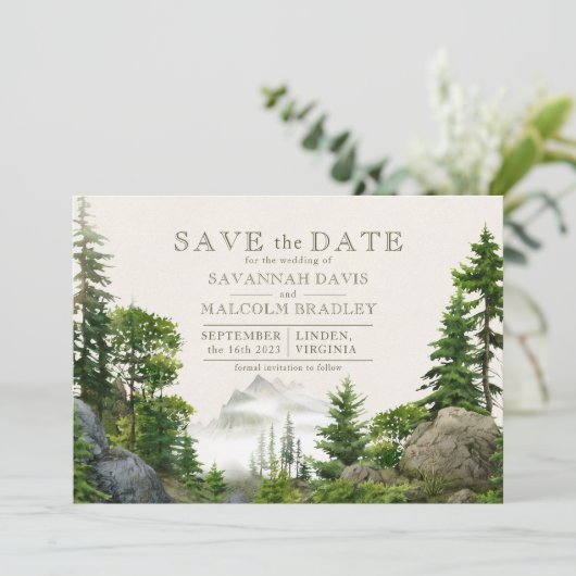 Rocky Forest Mountains | Rustic Wedding Save The Date (Stehend Vorderseite)