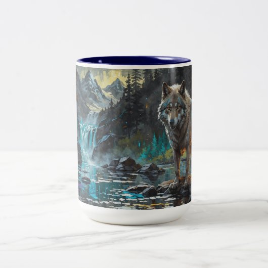 Rocky Mountain Grauer Wolf Art Zweifarbige Tasse (Mittel)