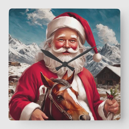 Rocky Mountain Santa and His Horse Quadratische Wanduhr (Vorderseite)