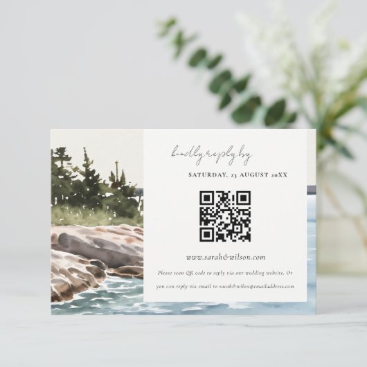 Rocky Pine Mountain Seascape Hochzeit QR Code UAWG Begleitkarte (Stehend Vorderseite)
