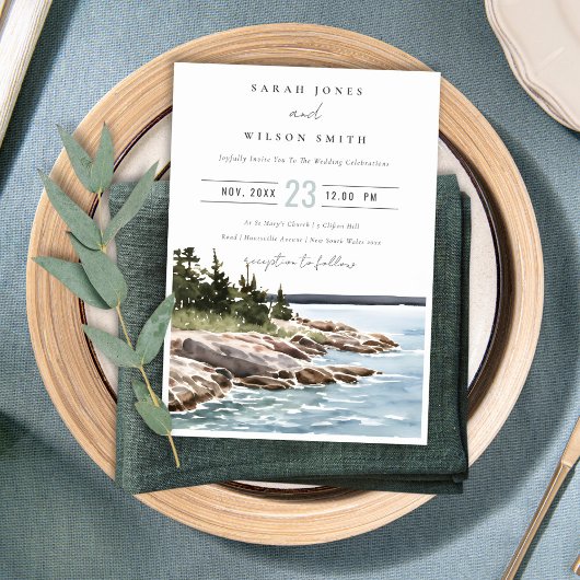 Rocky Pine Mountain Wasserfarbe Seascape Hochzeit Einladung