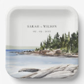 Rocky Pine Mountain Wasserfarbe Seascape Hochzeit Pappteller (Vorderseite)
