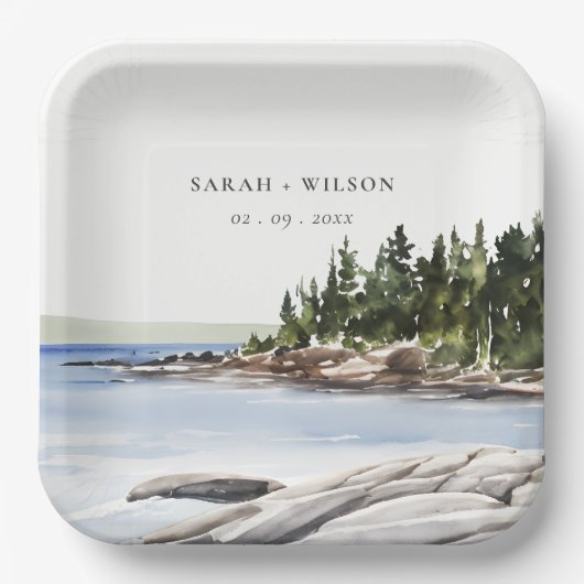 Rocky Pine Mountain Wasserfarbe Seascape Hochzeit Pappteller (Vorderseite)