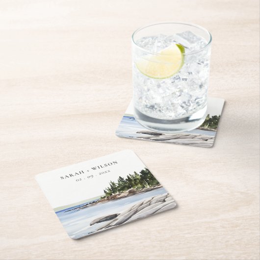 Rocky Pine Mountain Wasserfarbe Seascape Hochzeit Rechteckiger Pappuntersetzer (Vor Ort)