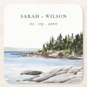 Rocky Pine Mountain Wasserfarbe Seascape Hochzeit Rechteckiger Pappuntersetzer (Vorderseite)