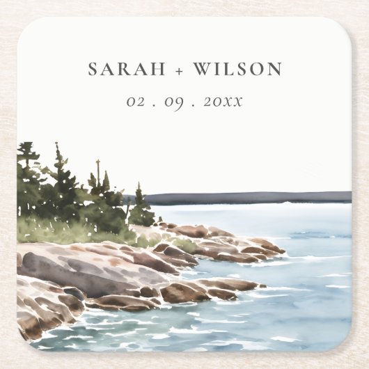 Rocky Pine Mountain Wasserfarbe Seascape Hochzeit Rechteckiger Pappuntersetzer (Vorderseite)