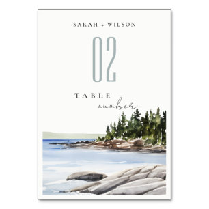 Rocky Pine Mountain Wasserfarbe Seascape Hochzeit Tischnummer