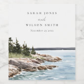 Rocky Pine Mountain Wasserfarbe Seascape Hochzeit Weinetikett (Einzelnes Label)