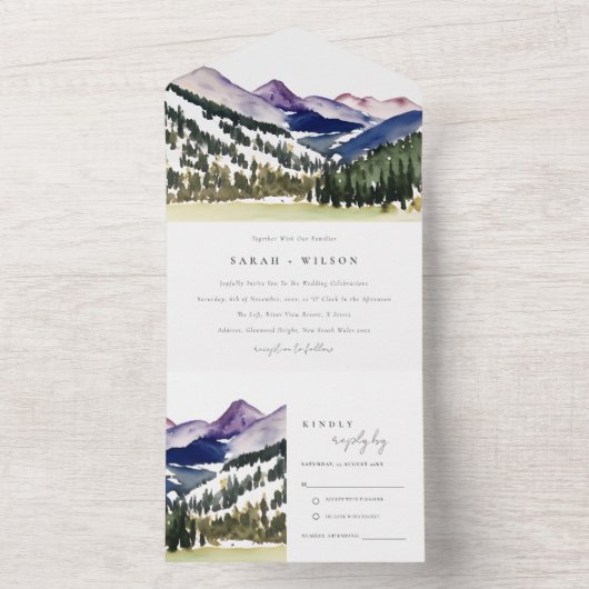 Rocky Snow Mountain Wasserfarbenwelt Hochzeit All In One Einladung (Innen Boden)