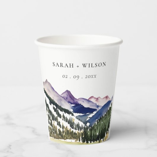 Rocky Snow Mountain Wasserfarbenwelt Hochzeit Pappbecher (Rückseite)