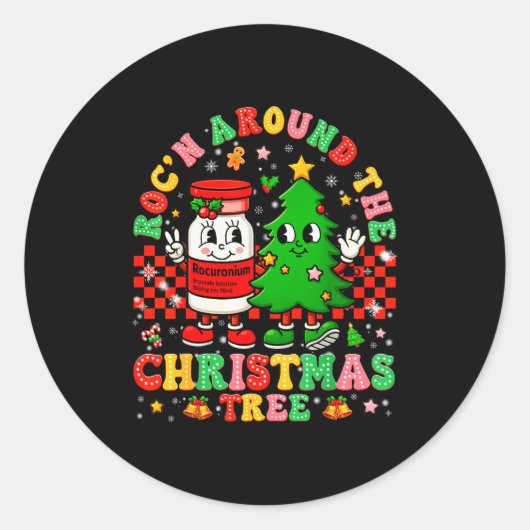 Rocn Around The Christmas Tree Nurse Icu Pjs Xmas Runder Aufkleber (Vorderseite)
