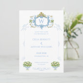 Rococo Blaue Monogramm-Wappen-Hochzeit Save The Date (Stehend Vorderseite)