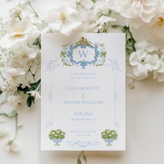 Rococo Blaue Monogramm-Wappen-Hochzeit Save The Date