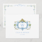 Rococo Blaues Monogrammwappen Hochzeit Dankeskarte (Vorne/Hinten)