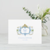Rococo Blaues Monogrammwappen Hochzeit Dankeskarte (Stehend Vorderseite)