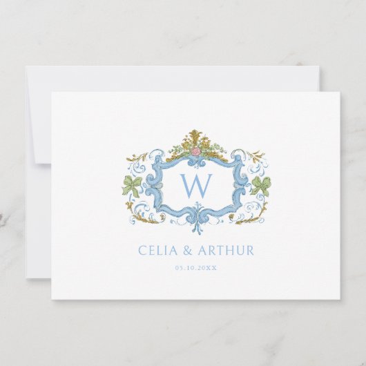 Rococo Blaues Monogrammwappen Hochzeit Dankeskarte (Vorderseite)