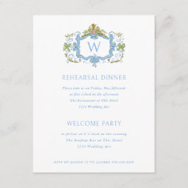 Rococo Blue Monogram Crest Rehearsal Dinner Einladung