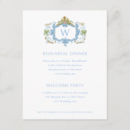 Rococo Blue Monogram Crest Rehearsal Dinner Einladung (Vorderseite)