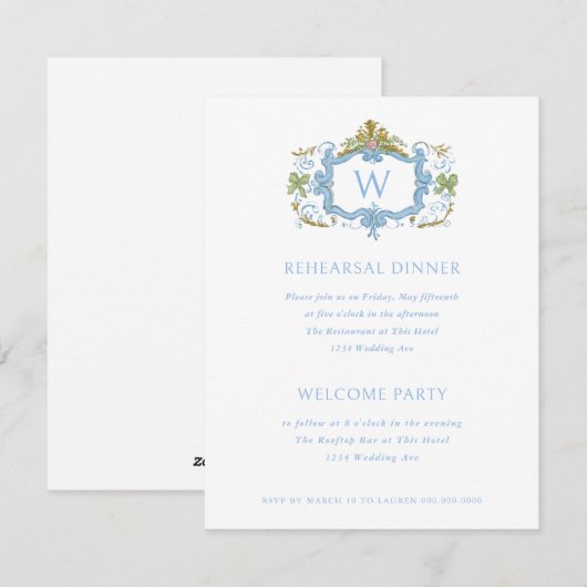 Rococo Blue Monogram Crest Rehearsal Dinner Einladung (Vorne/Hinten)