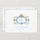 Rococo Blue Monogram Crest Wedding Dankeskarte (Vorne/Hinten)