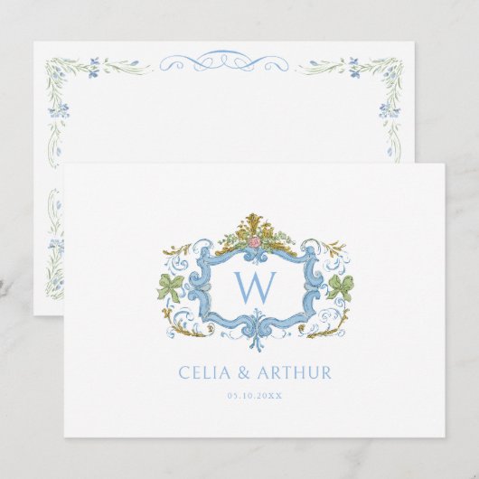 Rococo Blue Monogram Crest Wedding  Dankeskarte (Vorne/Hinten)