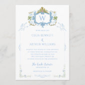 Rococo Blue Monogram Crest Wedding Einladung (Vorderseite)